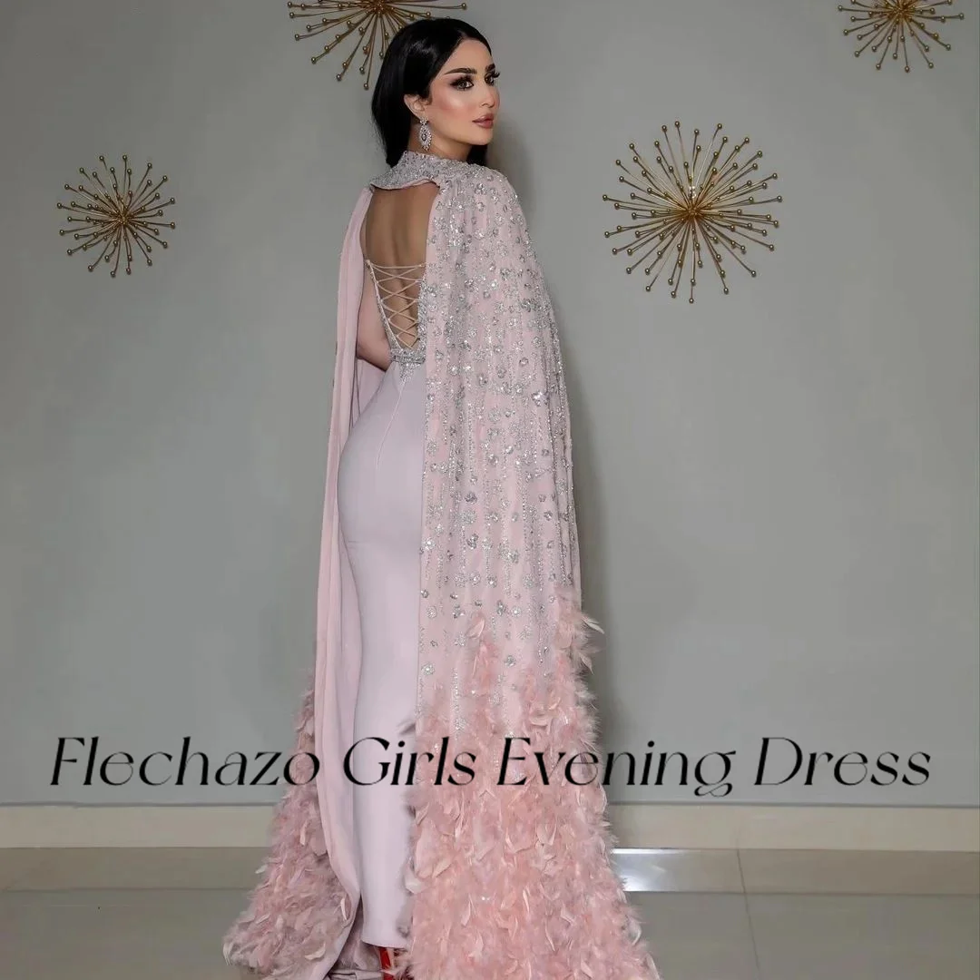 Flechazo Pink Prom Dresses 2-Piece Strapless Feathers Shiny Beading Open Back Formal Occasion Dress For Women 2024 فساتين السهرة