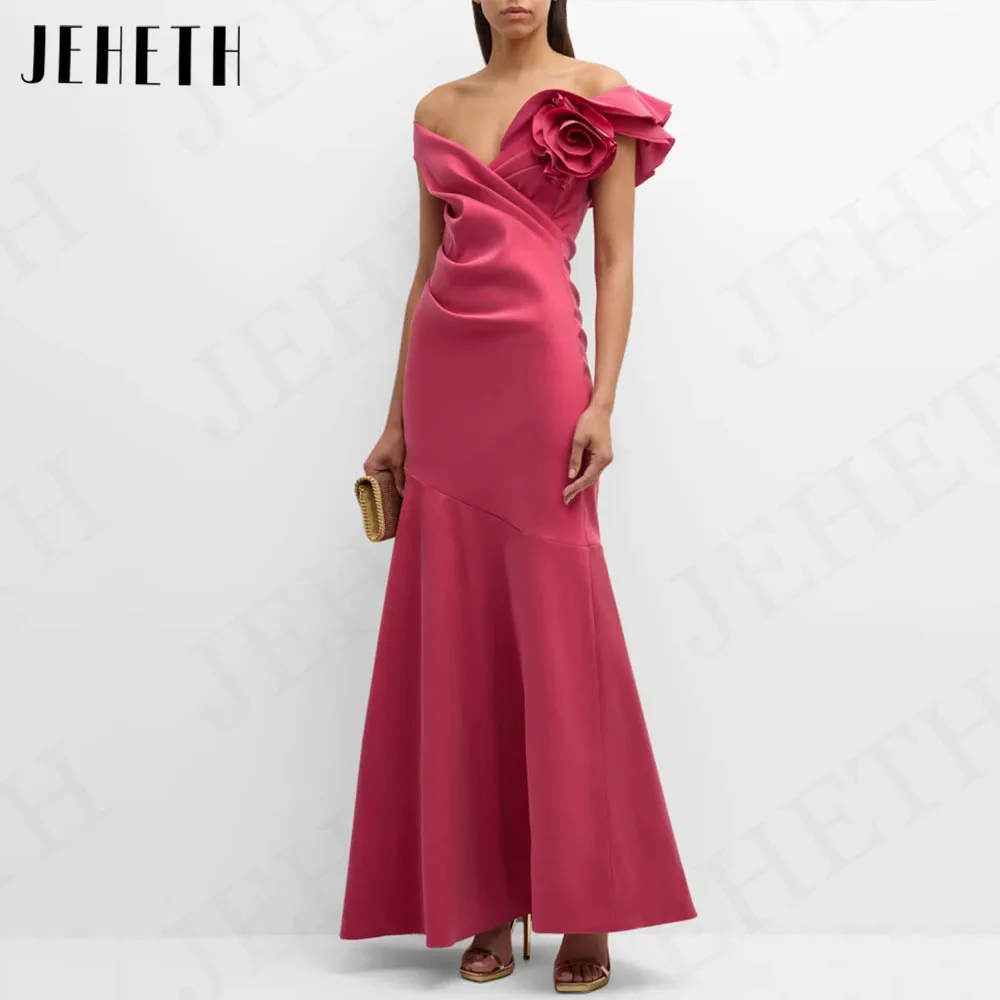 

JEHETH Dubai Mermaid Evening Dresses Off Shoulder 3D Flowers Formal Occasion Event Dress Satin V Neck Women vestidos de gala