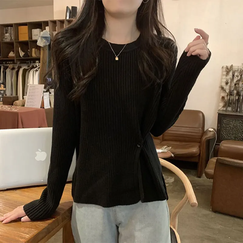 Casual O-Neck Knitted Sweaters Autumn Winter Solid Color Stylish Split Button Commute Women's Clothing Basic Long Sleeve Jumpers