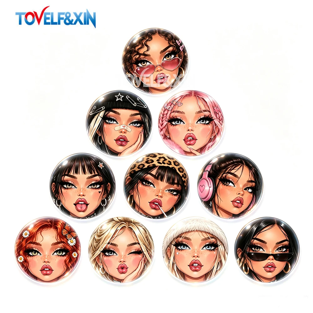 10 Stück Y2K Accessoires Mädchen-Gesichts-Glas-Cabochons, flache runde Cameo-Anhänger, DIY-Zubehör für Schlüsselanhänger, Kühlschrankmagnete und Bastelarbeiten – Detail 1