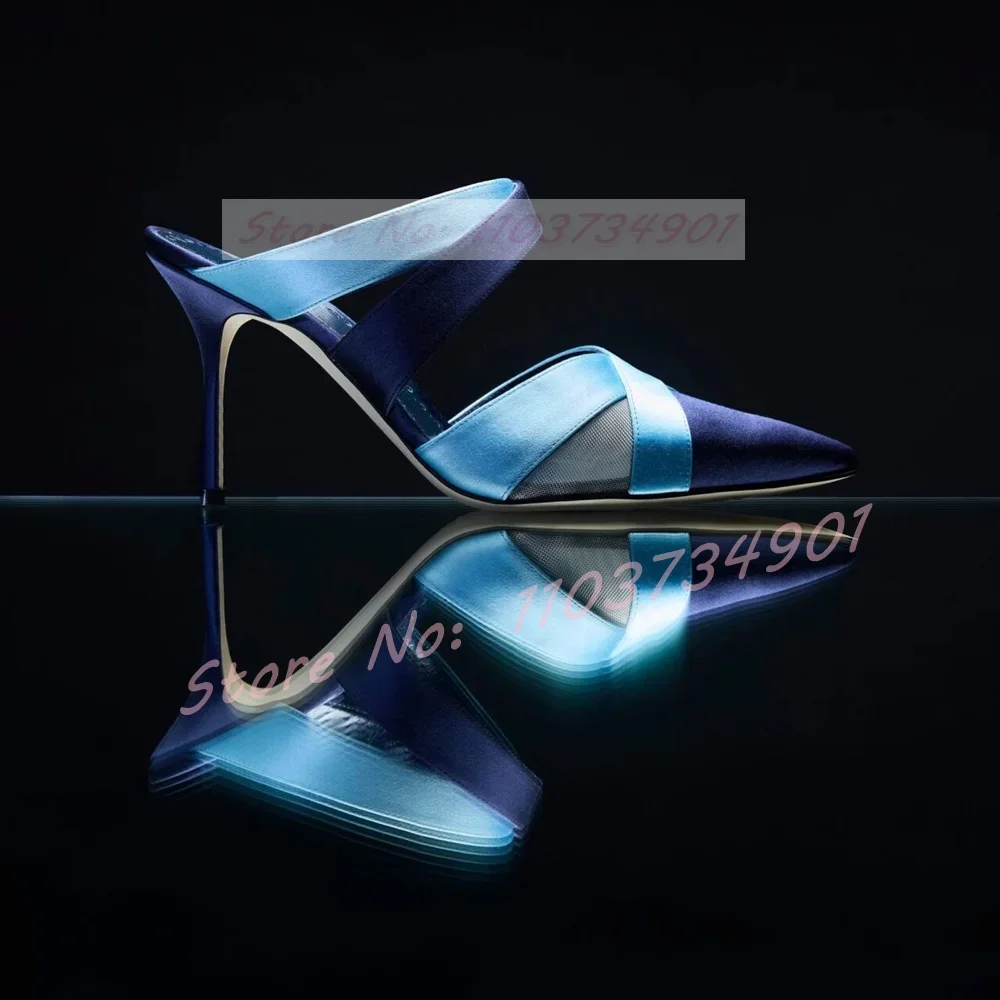 

Mesh Multi Colors Slippers Female Stylish Satin Pointed Toe Outdoor High Heels Shoes Women Casual Party Evening Slip-on Mules