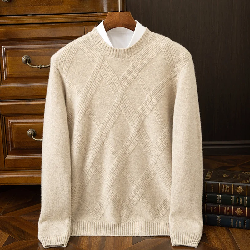 2024 Autumn/Winter New Collection (100% Cashmere) Men's Seven Needle Thickened Diamond Round Neck Casual Sweater for Men