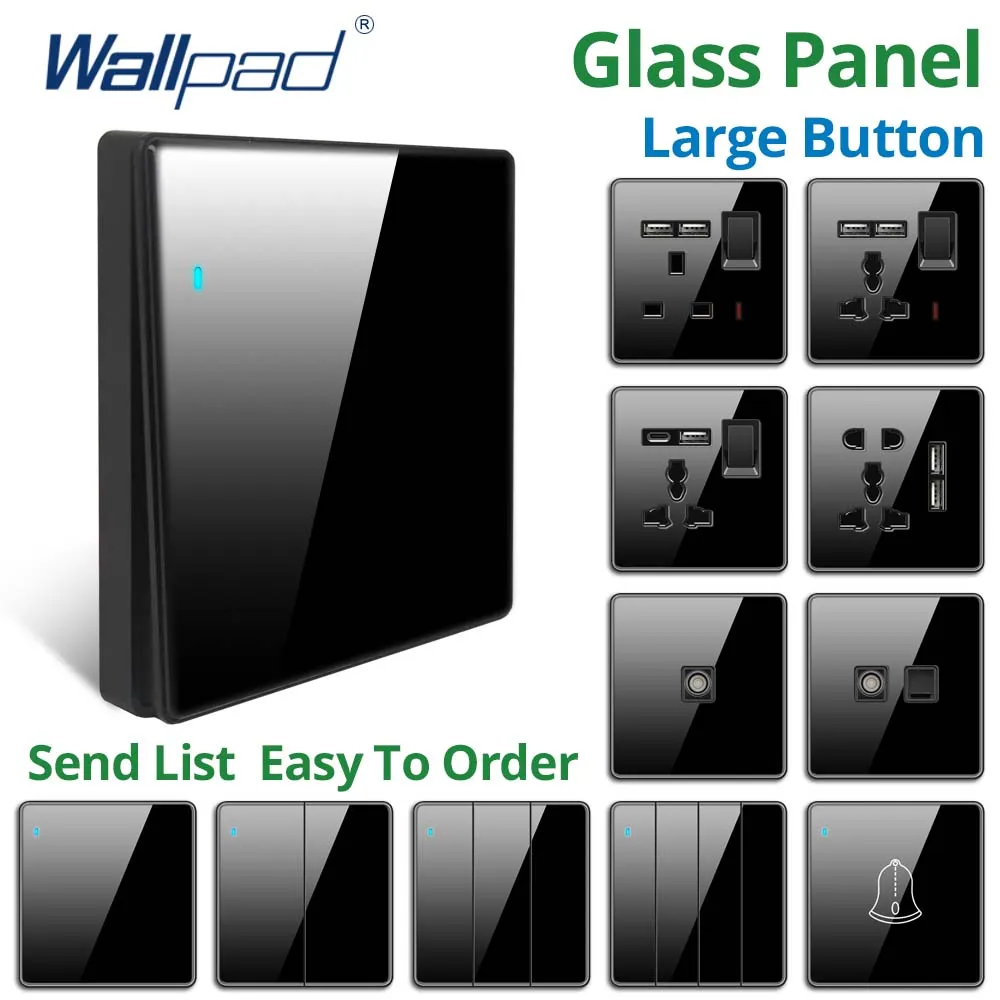 

Wallpad Black Glass Panel Ultra Large Button With LED Wall Switches UK MF Socket With Type C USB Charge Port 10A 250V