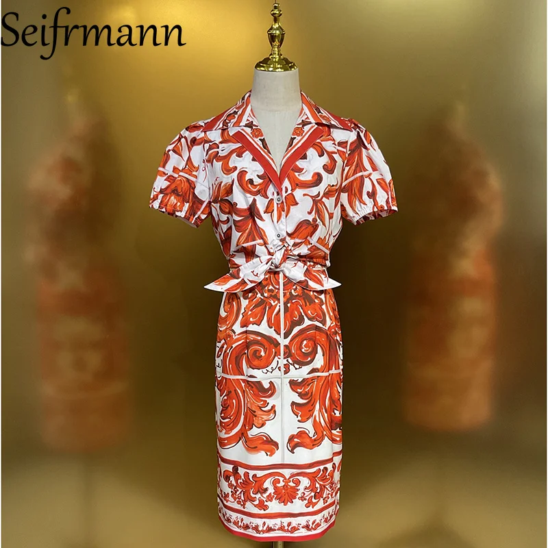 

Seifrmann Casual printed women's collar short sleeved cotton top+hip hugging skirt set 2026 summer fashion two-piece set