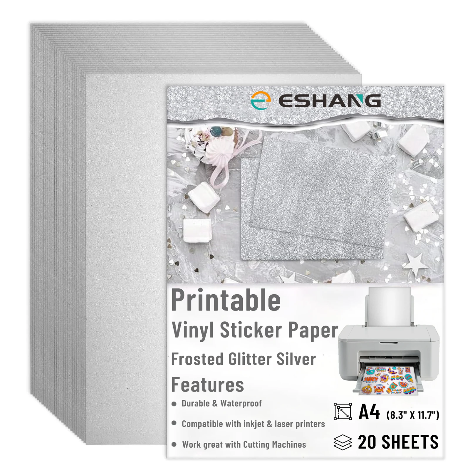 20 Sheets A4 Size Frosted Glitter Silver Vinyl Sticker Paper Printable Waterproof PET Adhesive Sheets for Inkjet Printers