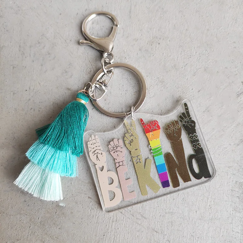 2022 Rainbow Color Bekind Tassel Keychain Pendant Acrylic Victory Gesture Colorful Fashion Gift Key Chains