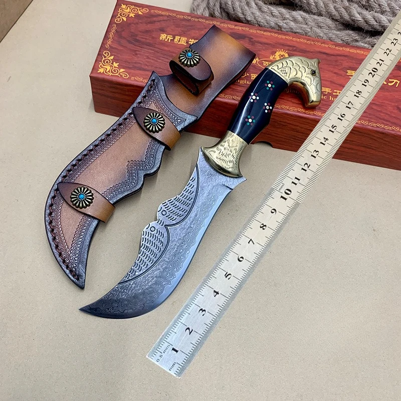 

RHON Jiyingsha Handcrafted Damascus Steel Straight Blade Brass Resin Alloy Handle Outdoor Fixed Blade Collectible Craft Knives