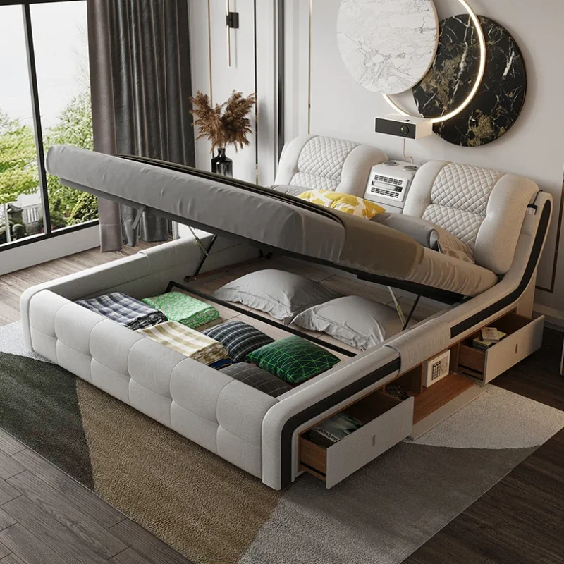 

Master Under Storage Double Bed Modern Nordic King Aesthetic White Double Bed Frame Multifunctional Camas Matrimonial Furniture