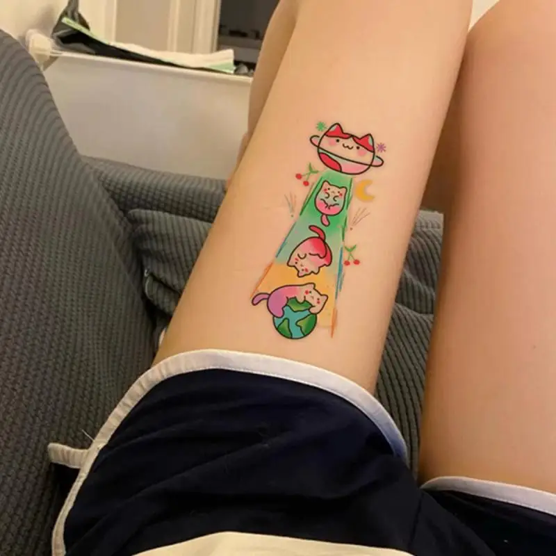 Alien Cat Temporary Tattoos Colorful Cartoon Cute Transfer Arm Hand Body Art Waterproof Fake Tattoo Sticker for Woman 1/2/3pcs