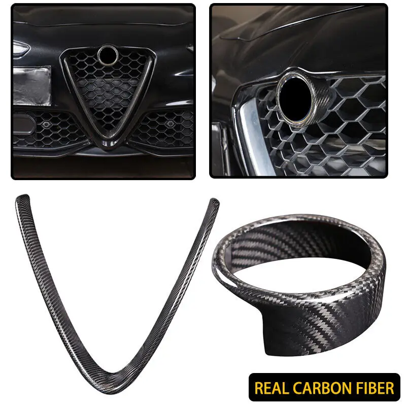 2PCS Real Dry Carbon Fiber Car Front Grille V Shape Cover Logo Cover Ring Trim Fit For Giulia Stelvio 2017-2022