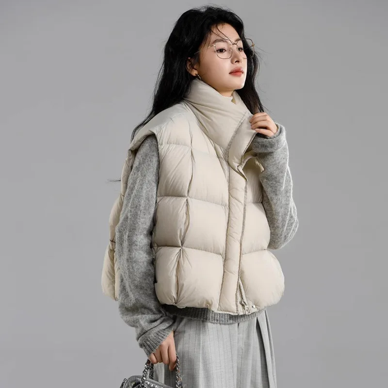

White Down Duck Puffer Vest Women Sleeveless Winter Cropped Outerwear Warm Puffy Lightweight Stand-up Collar Down with Pockets