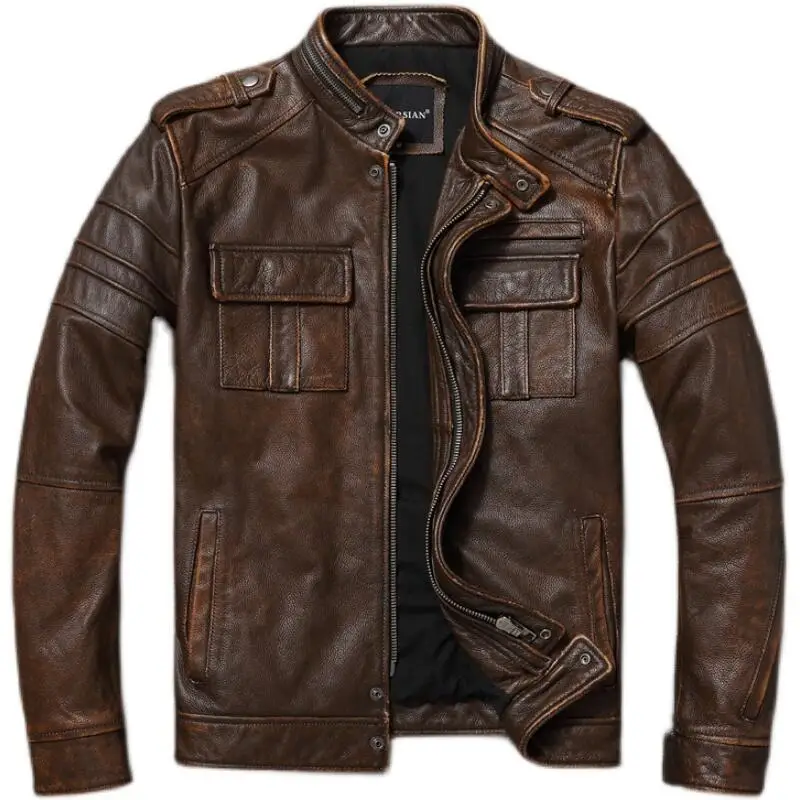 Casual Leather Jacket Men Real Cow Leather Retro Vintage Leather