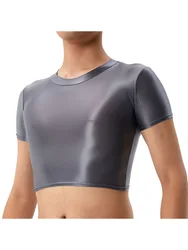 Sexy Men Short Top Oil Glossy Shiny Tight T-shirt Sheer See Through Elastic Breathable Pajamas Cool Men Night Shirts