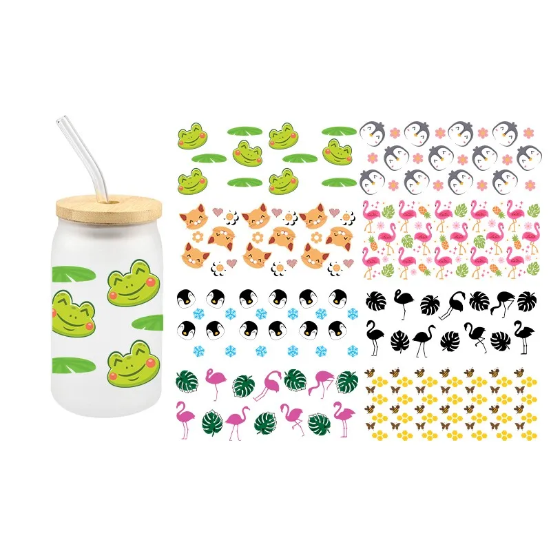 

Animals UV DTF Dog Flamingo Penguin Transfer Sticker Frog For Libbey Glass Cup 16 OZ High Quality Decals DIY 3D Sticker