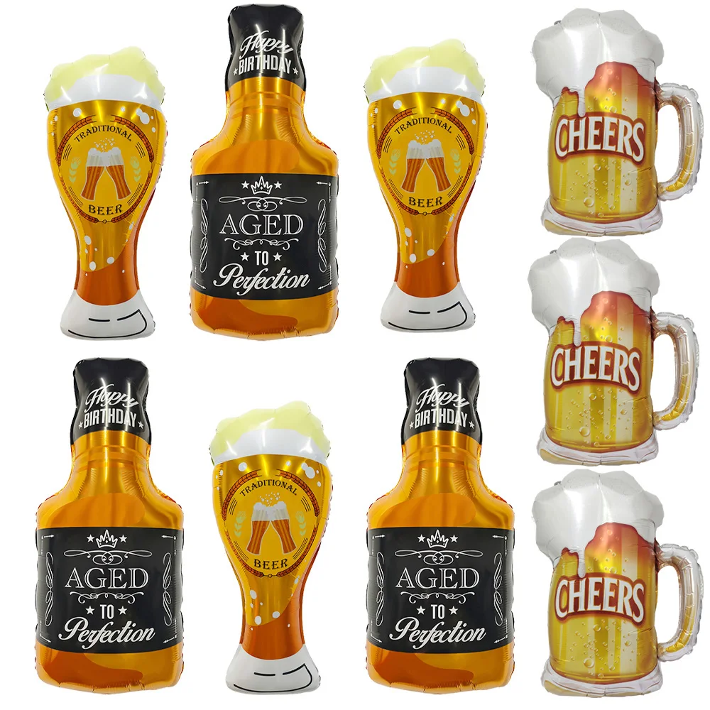 3 vasos de whisky, 3 jarras de cerveza, 3 jarras de vino, globos de aluminio con forma de botella de vino y copa de vino, ideales para fiestas de cumpleaños, festivales de cerveza, Oktoberfest, despedidas de soltero, fiestas de pijamas, reuniones de amigos, decoraciones de bares, fiestas del Día del Padre, fiestas de verano, fiestas en la playa, decoraciones para celebraciones de adultos.