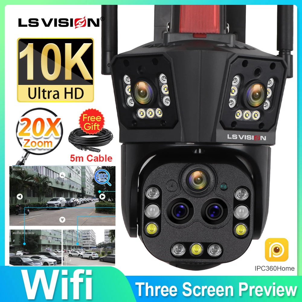 LS VISION 10K 20MP WiFi Camera Multi Lens 20X Zoom Outdoor 360° Surveillance Security IP Cameras Smart Home Ai Tracking CCTV Cam