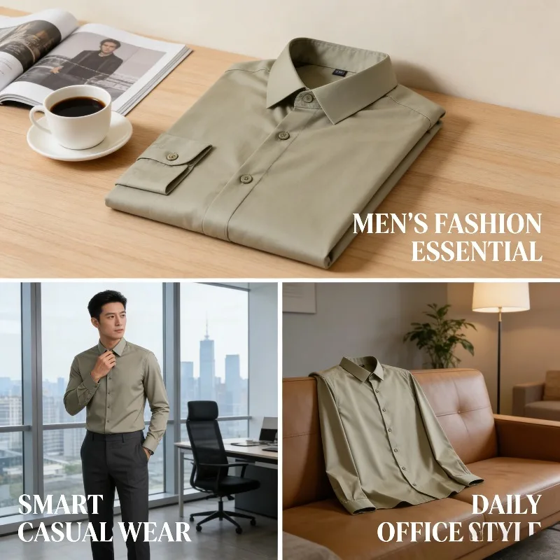 

New Mens Wrinkle Free Stretch Shirt Spring Summer Business Slim Fit Casual Solid Color Long Sleeve Dress Blouse