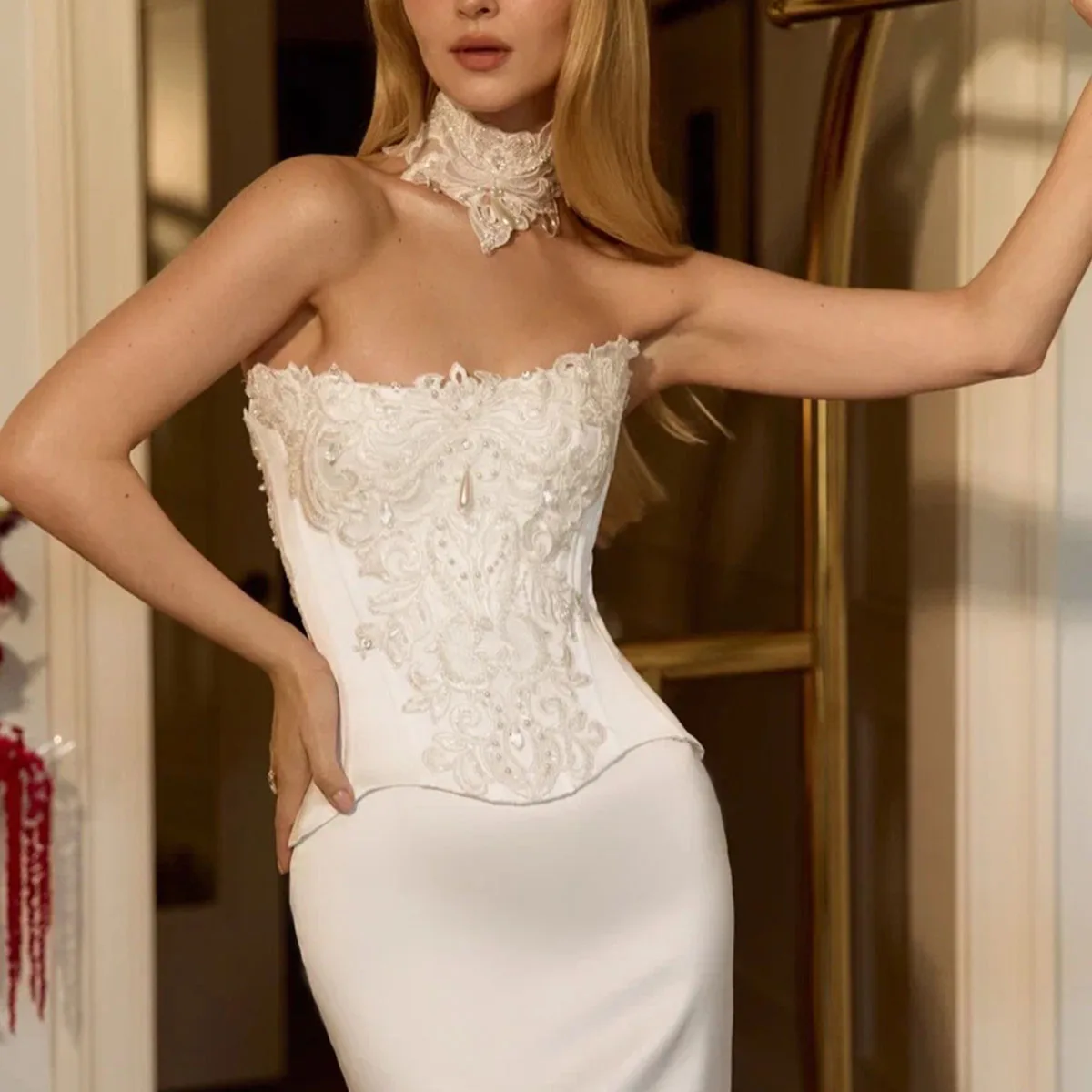 Customized Lace Mermaid Wedding Dresses For Girls Sleeveless Applique Open Back Pleat Bridal Gown Vestidos De Noiva