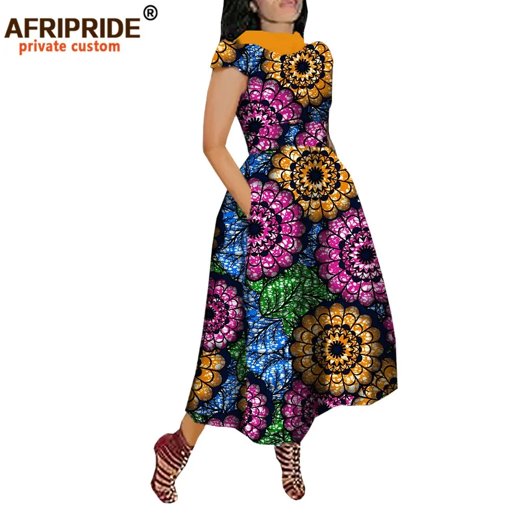 African Maxi Dress for Women Private Custom V-Back Short Sleeve Turn-down Collar Plus Size Casual Dress Ankara Attire A722592