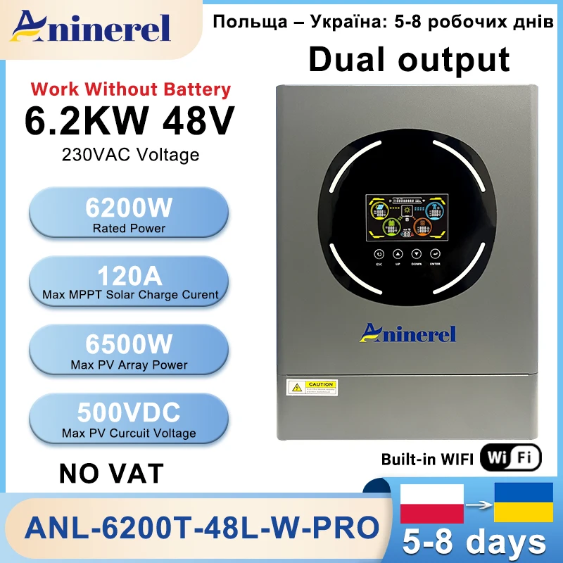 Aninerel 4.2KW 24V 6.2kw 48V Hybrid Solar Inverter Dual Output Color LCD Display With RGB Lighting MPPT 120A 100A PL EU In Stock