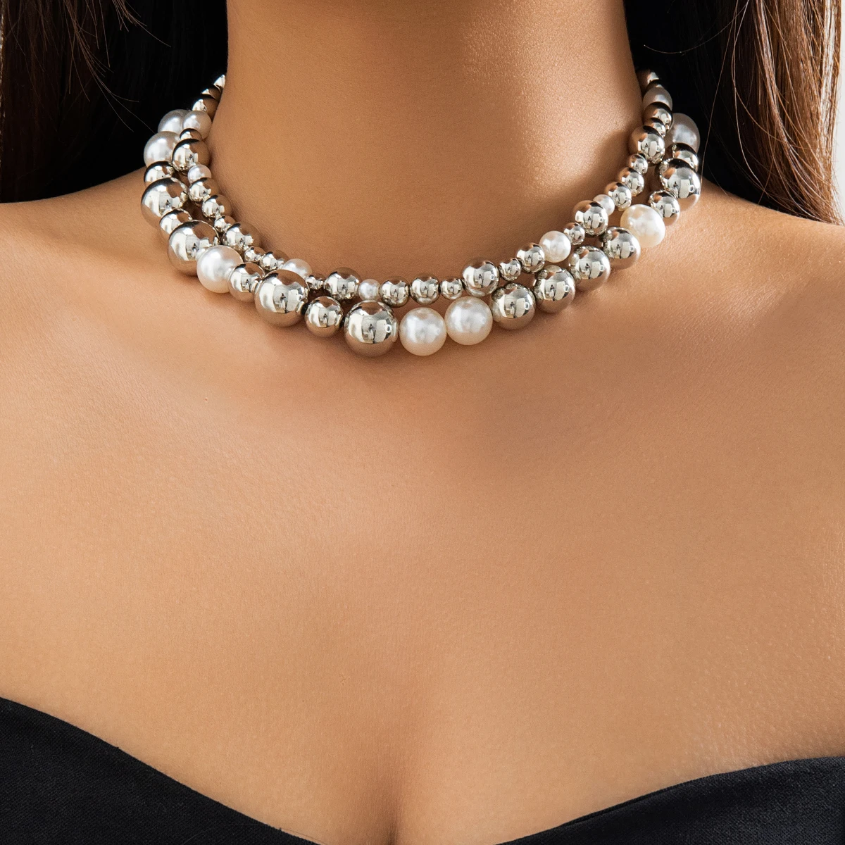 

Lacteo Punk CCB Round Beads Strand Choker for Women Layered Imitation Pearl Necklace Neck Chain Short Collar Jewelry Party Girls