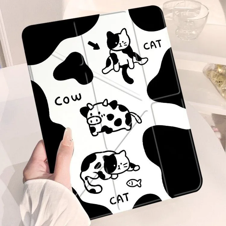 Cute Cat & Cow Cartoon Pen Slot Tablet Case For iPad 2026 Air 8 7 6 4 3 2 1 Pro 2024 11in 12th 11 10 9 8 7 6 5th Cover 2