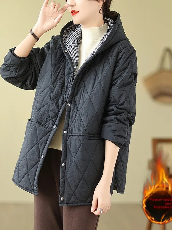 

2025 Autumn Winter Thiened Large Size Lightweight Cotton Jaet Loose Slim Diamond Pattern Faionable Color Hooded Coat
