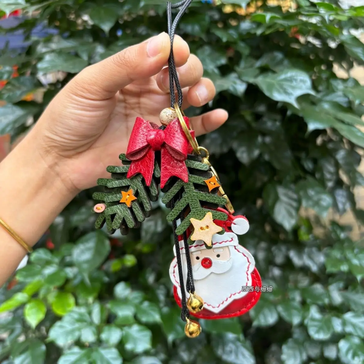 first-layer-cowhide-santa-claus-christmas-tree-pendant-bag-pendant-keychain-ornament-bag-pet-accessory-small-flower-pendant