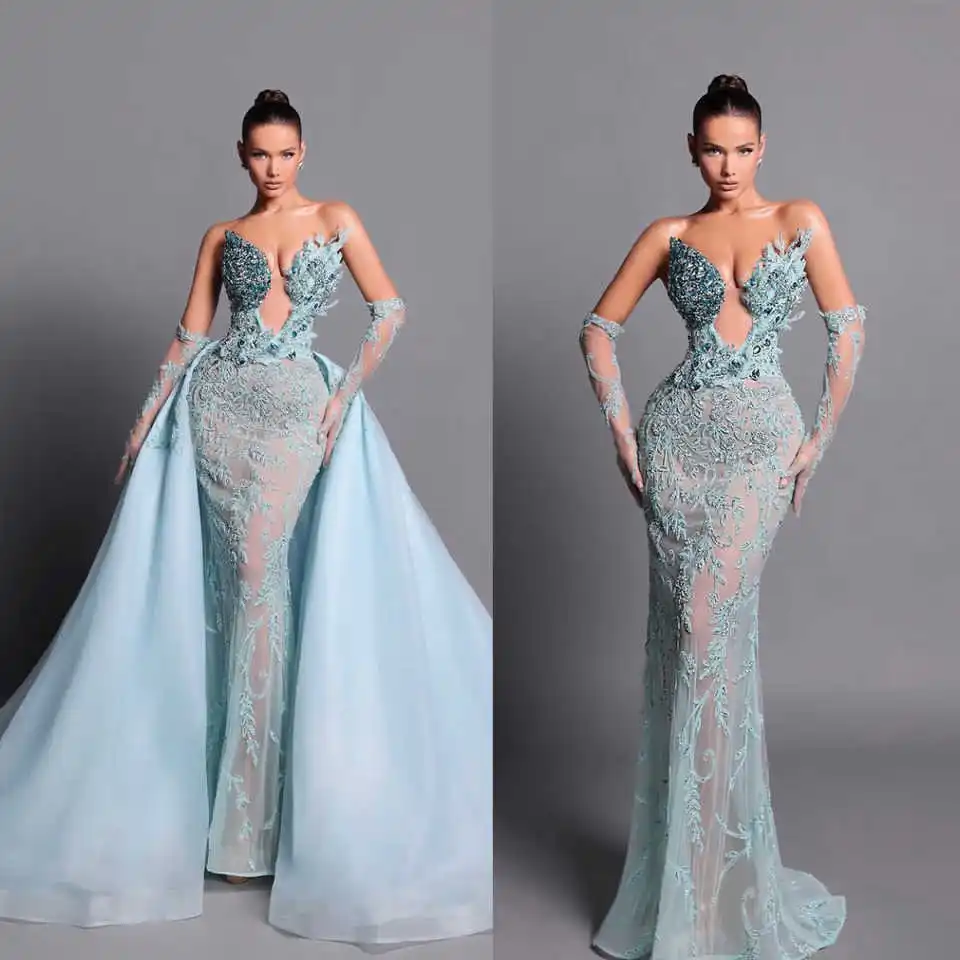 

Gorgeous Evening Dresses Mermaid Strapless Appliques Crystals Backless Prom Gown Party Dresses Vestido De Noite Customized