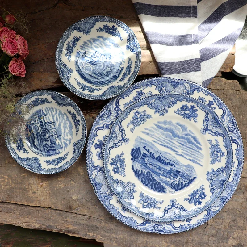 American Countryside Style Retro Blue Castle Ceramic Tableware Household Coffee Cup and Saucers Dinner Plates for Party Wedding