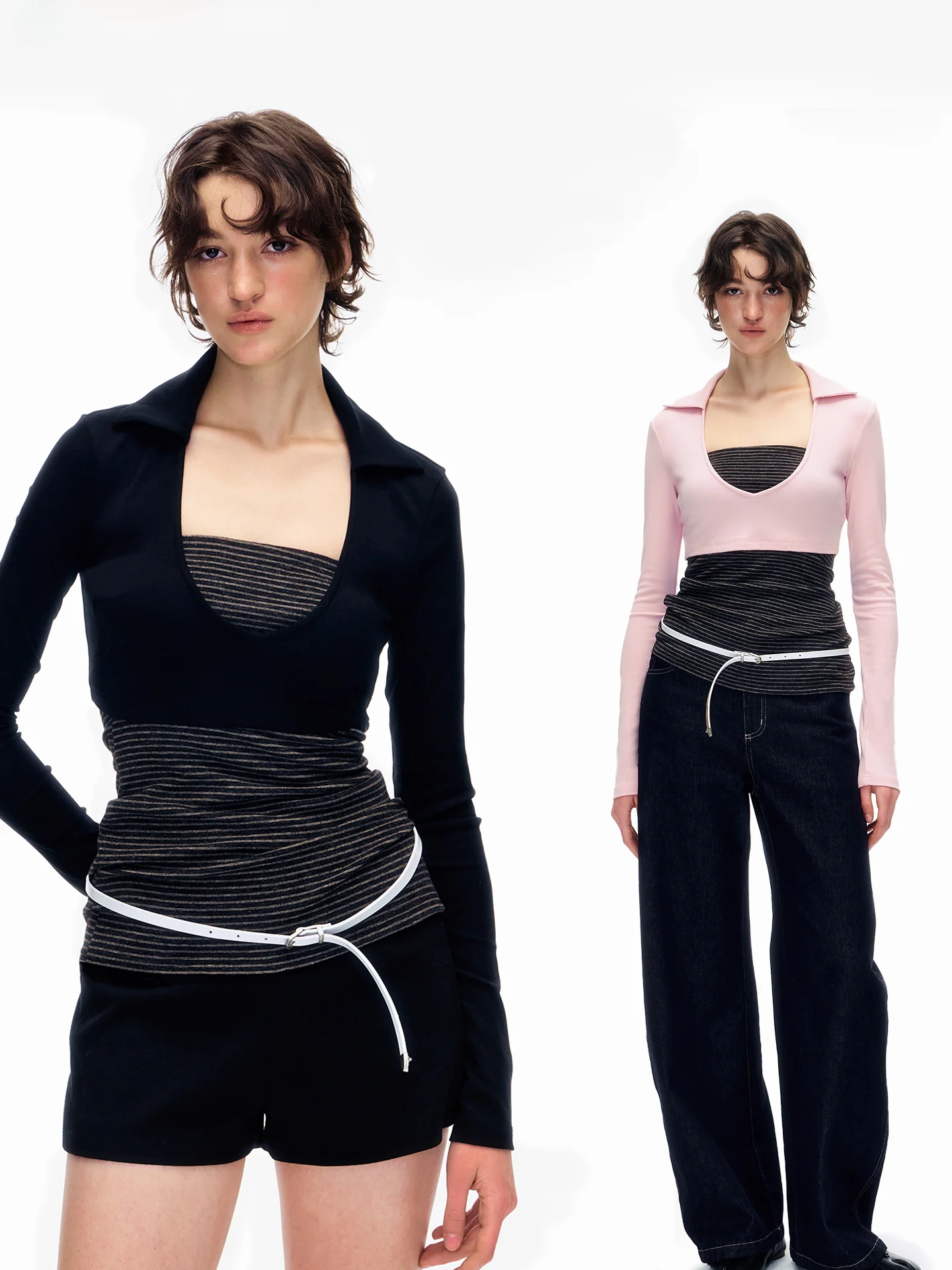 

Приталенная футболка с длинным рукавом, полосатая, с V-образным вырезом, вязаный топ в стиле колор-блок, для городских прогулок, повседневный стиль, из смесового хлопка и спандекса