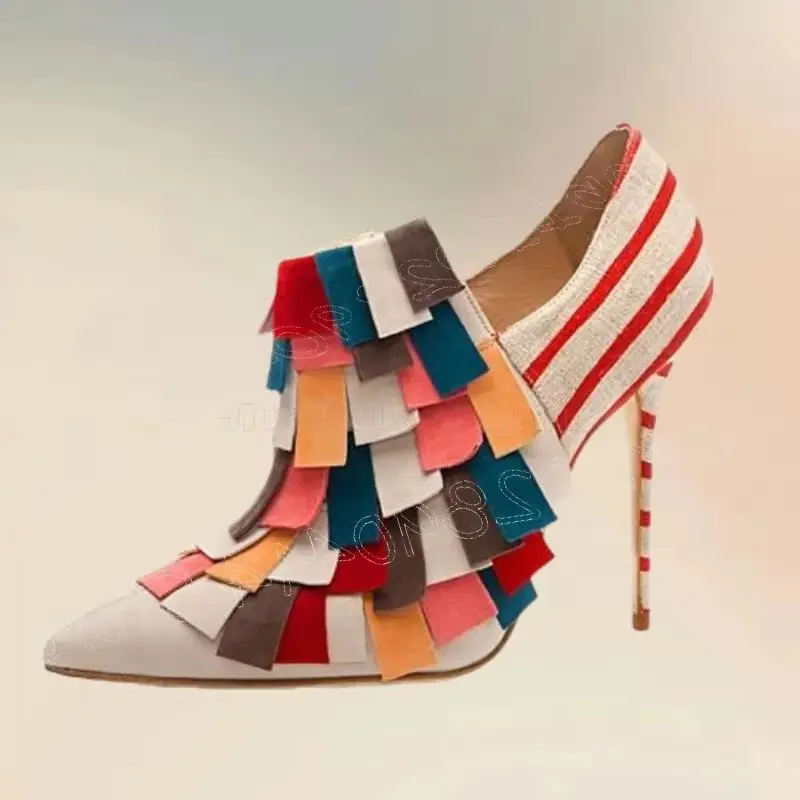 Colorful Suede Stripe Geometric Taasels Pumps Slip On Women Shoes Thin High Heels Pointed Toe New Feast 2026 Zapatos Para Mujere