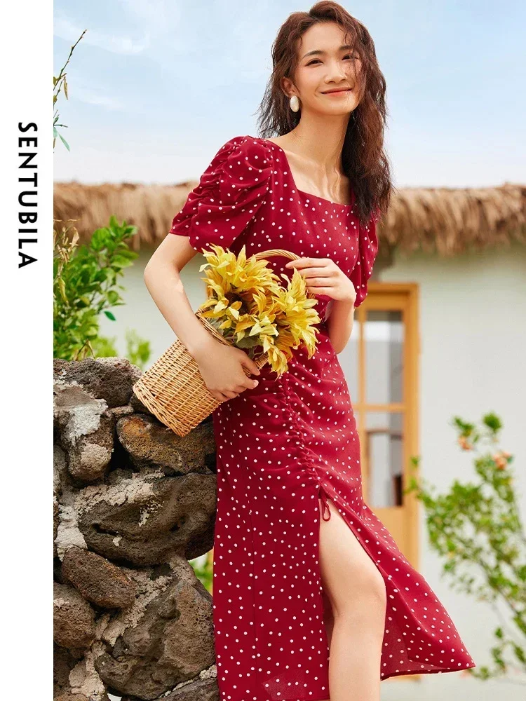 

SENTUBILA Summer Dresses Women 2025 French Elegant Polka Dot Short Sleeve Square Collar Shirring Slit Ladies Dress 122L41885