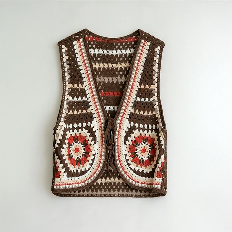 Vintage Granny Square Crochet Vest with Tie Front Tie-up Waistcoat Open Knit Sleeveless Jacket Boho Style Beach Cover Up Women