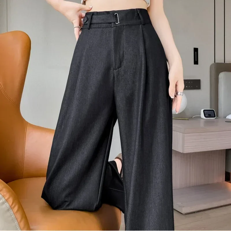 REALEFT Vintage Dünne Denim Lose frauen Breite Bein Hose 2025, Neue Hohe Taille Taste Gerade Casual Volle Länge Hosen weibliche