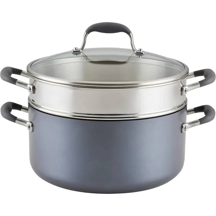 

Усовершенствованная домашняя жесткая анодированная широкая кастрюля с антипригарным покрытием со вставкой для пароварки из нержавеющей стали и стеклянной крышкой, 3-х предметная посуда, пароварка S