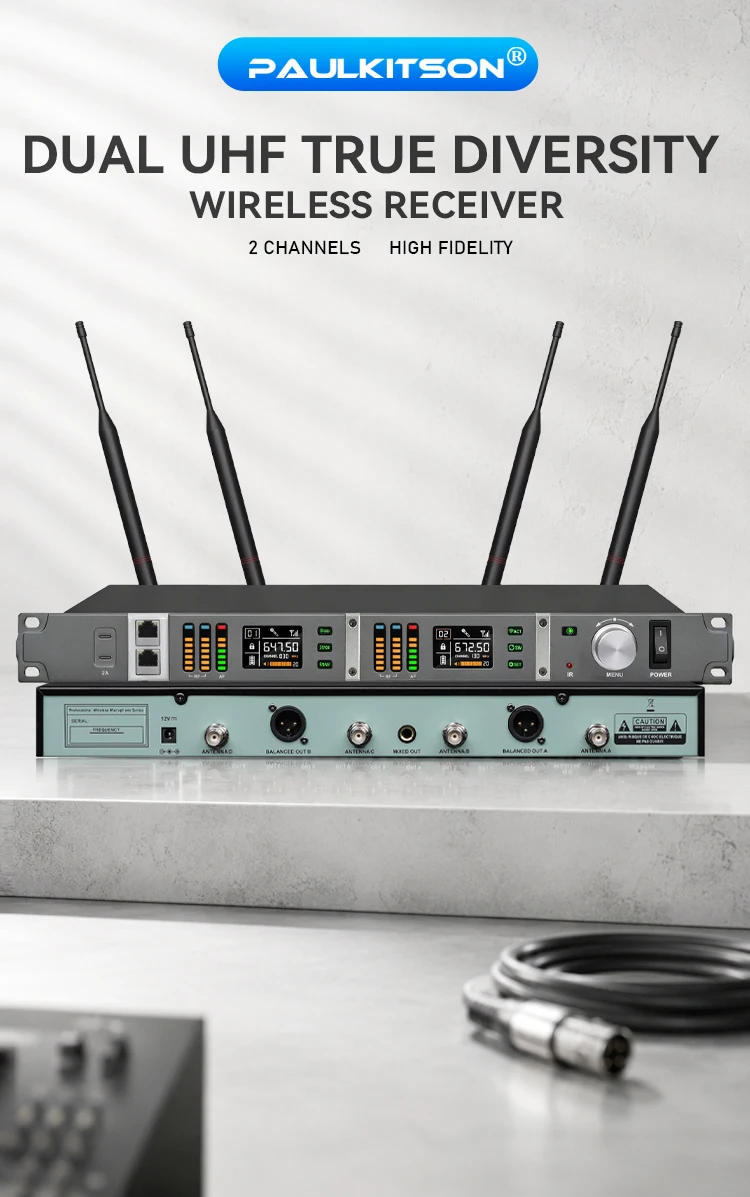Paulkitson PX2 Drahtloses Mikrofonsystem UHF 2-Kanal True-Diversity 640-690MHz Handmikrofon-Empfänger-Set für professionelle Bühnenauftritte und Live-Karaoke – Detail 1