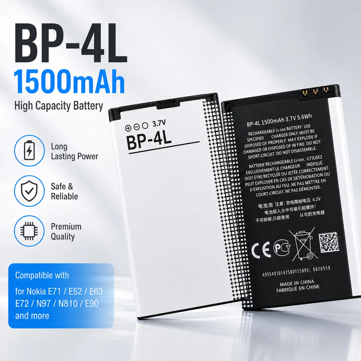 

BP-4L 1500mAh Battery for Nokia E71 E52 E63 E72 N97 N810 E90,High Capacity Li-ion Replacement Rechargeable Phone Battery Bateria