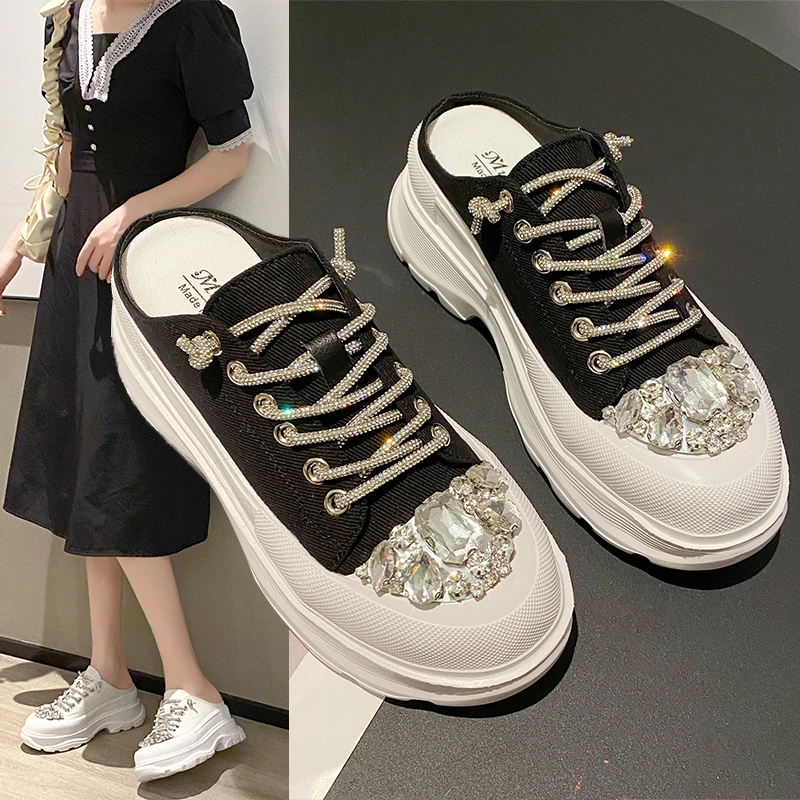 Women Shiny Rhinestones Shoes Four Seasons Casual Sneakers Women Stylish Sport Shoes Lace-Up Sports slippers zapatos mujer