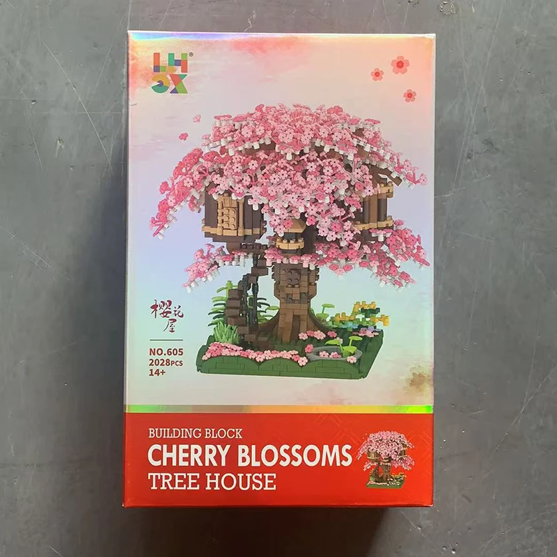 اللبنات الصغيرة بيت شجرة زهر الكرز ثلاثية الأبعاد نموذج تجميع الطوب لتقوم بها بنفسك ديكور المنزل اللعب الهدايا #6