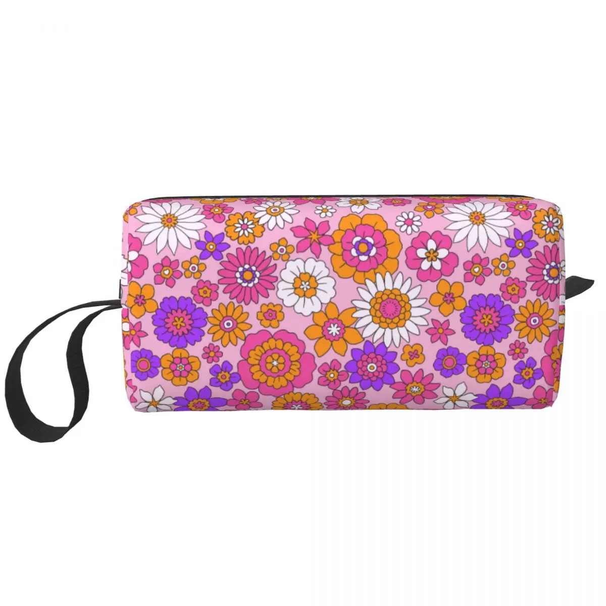 Colorful 60s 70s Style Retro Floral Makeup Bag Pouch Zipper Cosmetic Bag Travel Toiletry Bag Organizer Storage Bag for Women