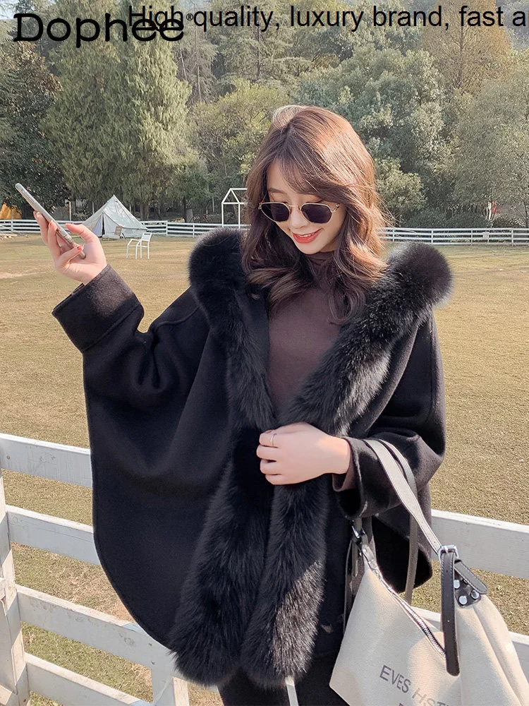 

Winter 2023 Autumn New Imitation Fox Big Fur Collar Double-Faced Cloak Jacket Female Black Woolen Coat Shawl Women