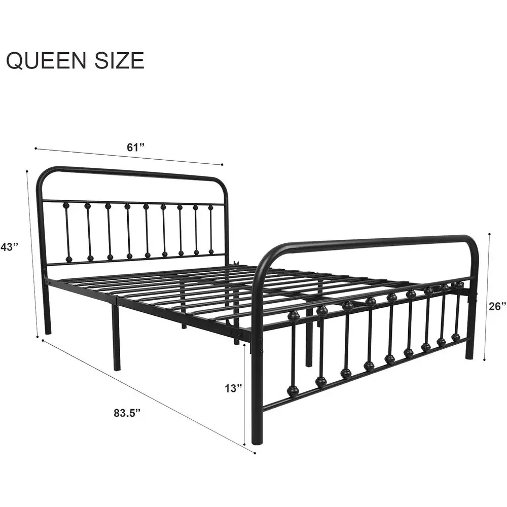 إطار سرير معدني كوين على الطراز الفيكتوري العتيق مع لوح أمامي ولوح للقدمين وتخزين تحت السرير، لا حاجة إلى صندوق زنبركي، أسود #2