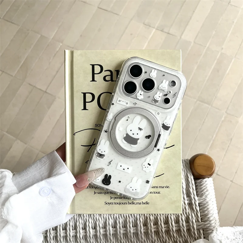 

Cute Rabbit Phone case For iPhone 15 16 17 Promax For Magsafe Clear Transparent Shockproof Cover Bunny Music Star Holder Stand