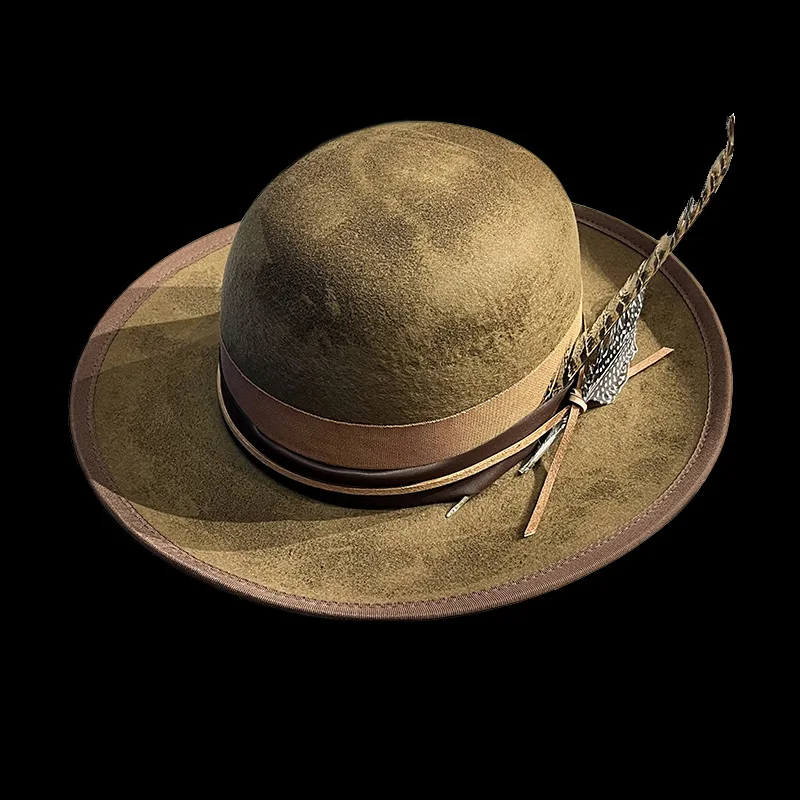 Oval Top Retro Distressed Style Wool Hat with Fashionable Feather Decoration Sheep Felt Hat