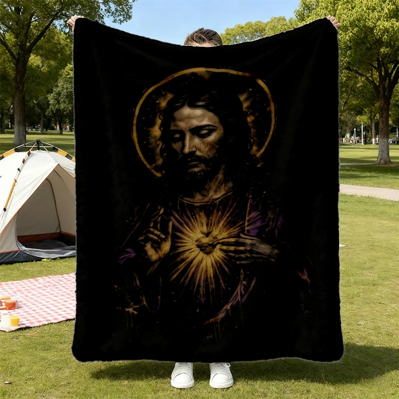 Sacred Heart of Jesus Purple Gold Comfort Flannel Blanket, Mystical Catholic Sacred Art Flannel Throw