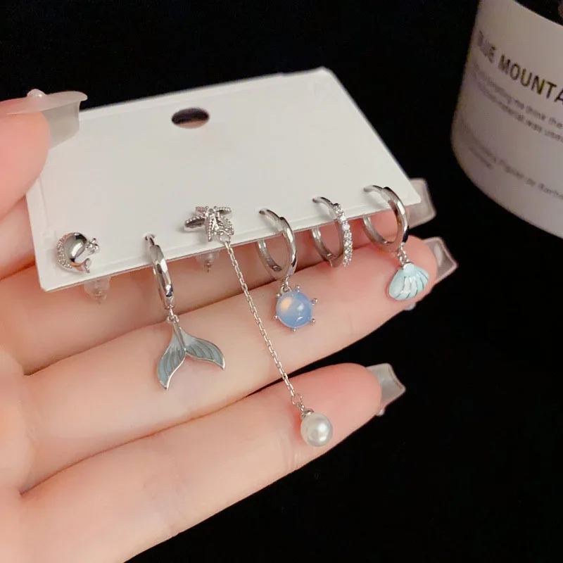 

Набор из 6 пар серебряных серег 925 пробы с цирконами, в форме ракушек и морских звезд, с асимметричными подвесками-кисточками, для женщин, классические украшения для летних пляжных вечеринок