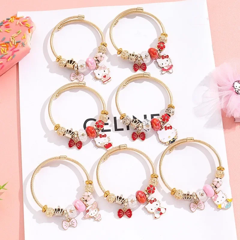 Kawaii Sanrio Bracelets Anime Cartoon Hello Kitty Silver Rhinestone Women's Girls Jewelry Accessories Gifts Glitter Bracelet