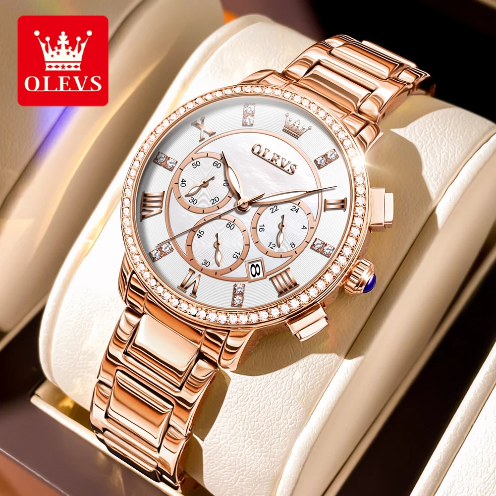 OLEVS Women's Light Luxury Watches Fashion Original Quartz Watch for Ladies Waterproof Luminous Chronograph Wristwatch Date New