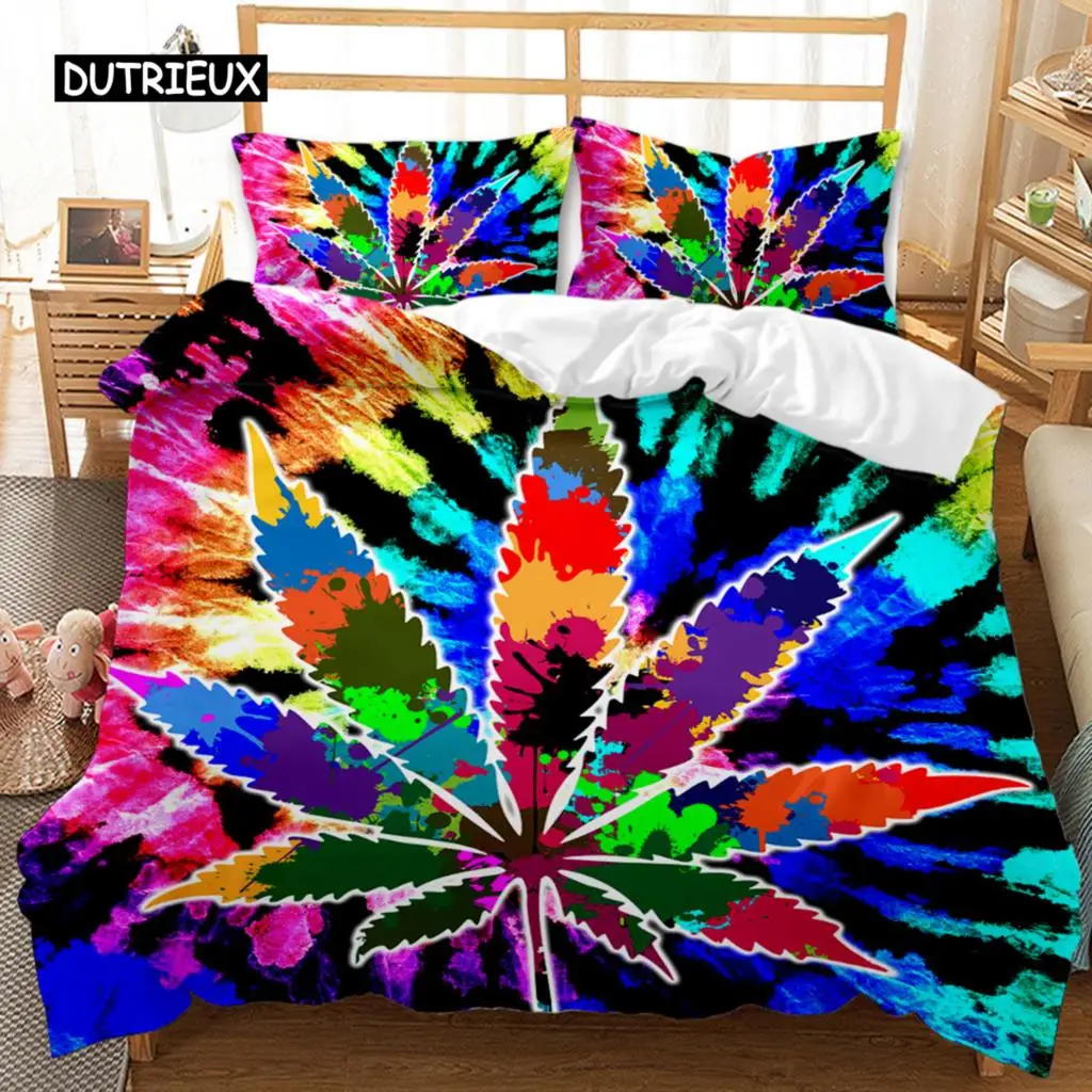 

Weed Leaf Duvet Cover Set Multiple Colors Hemp Leaf Plant Bedding Set Botanical Plants Double Queen King Polyester Quilt Cover